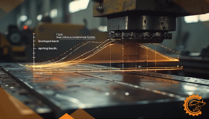 نمودار فنی نشان‌دهنده پدیده برگشت فنری در خمکاری ورق و روش اوربِند برای اصلاح زاویه